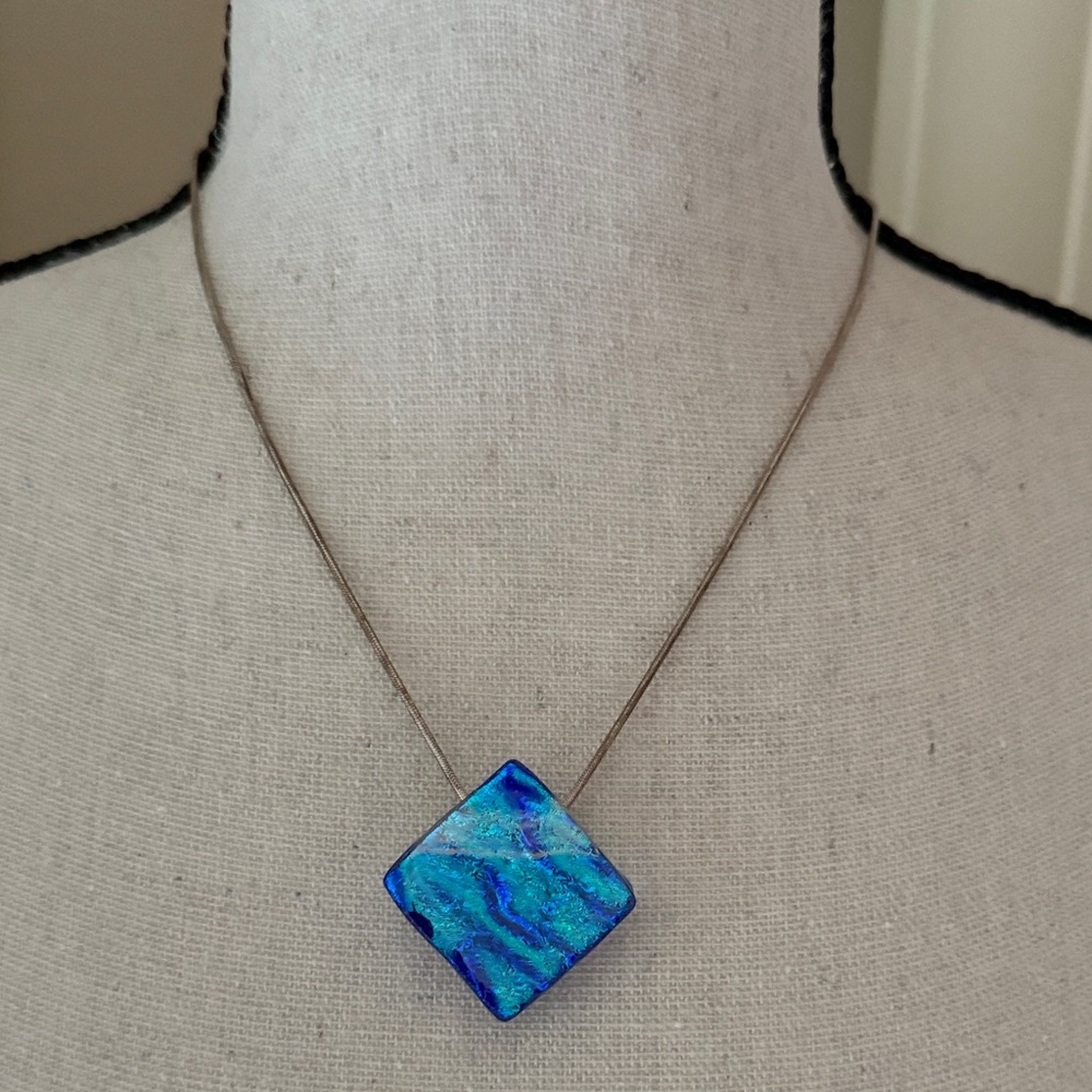 Blue Square Dichroic Art Glass Pendant Necklace On Sterling Silver Chain Italy